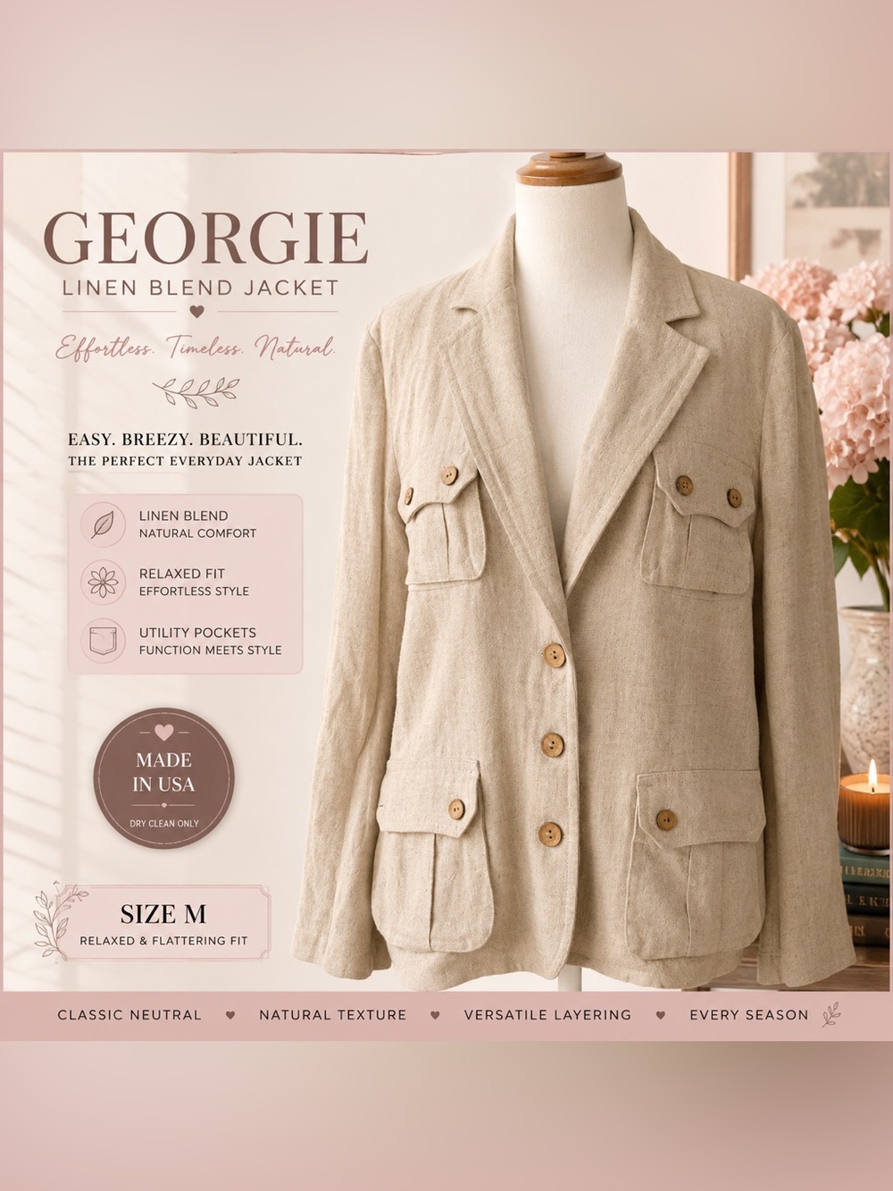Georgie Linen-Blend Natural Beige Utility Blazer
